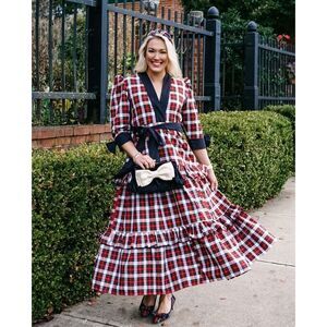NWT Victoria Dunn Plaid Maxi Dress Red Tartan Plaid Ruffle Bow Holiday Size S